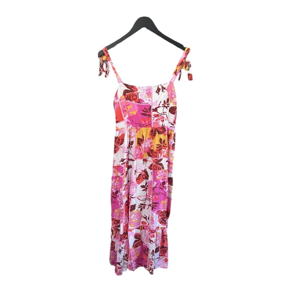 Japna Floral Patchwork Print Boho Tiered Midi Dress Pink Smocked Sundress Large